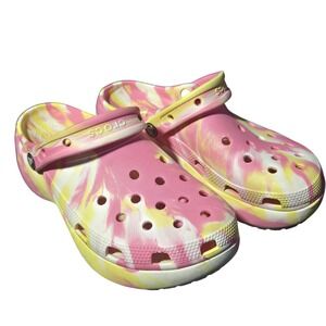 Crocs Classic Bae Clog Pink Yellow Tie Dye Platform Sandals Womens Size 9
